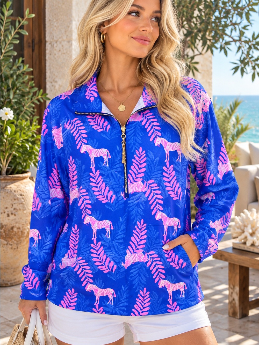 Lilly Pulitzer Pink Zebra Print Quarter Zip Pullover M Blue Tropical Palm